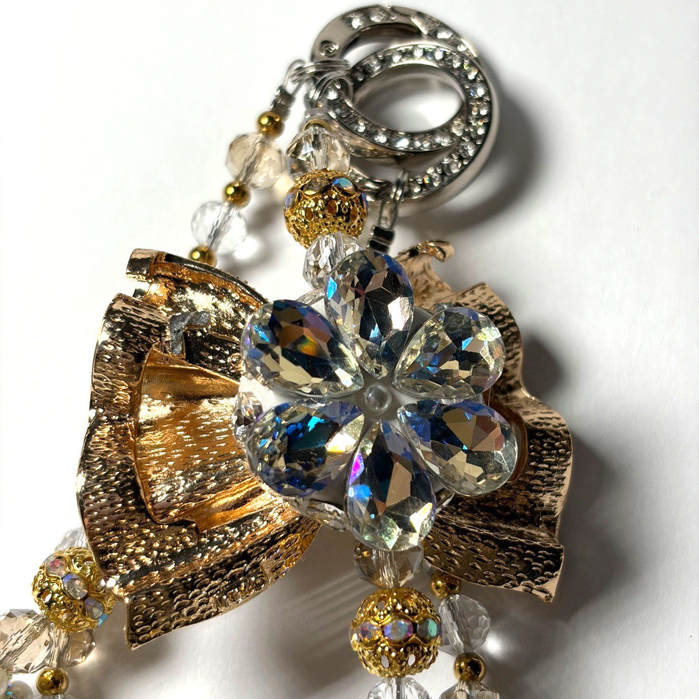 Beaded Bag Charm Gold Crystal Bow Rhinestone Drip Y2K Coquette Luxe Kawaii Spark - Picture 8 of 12